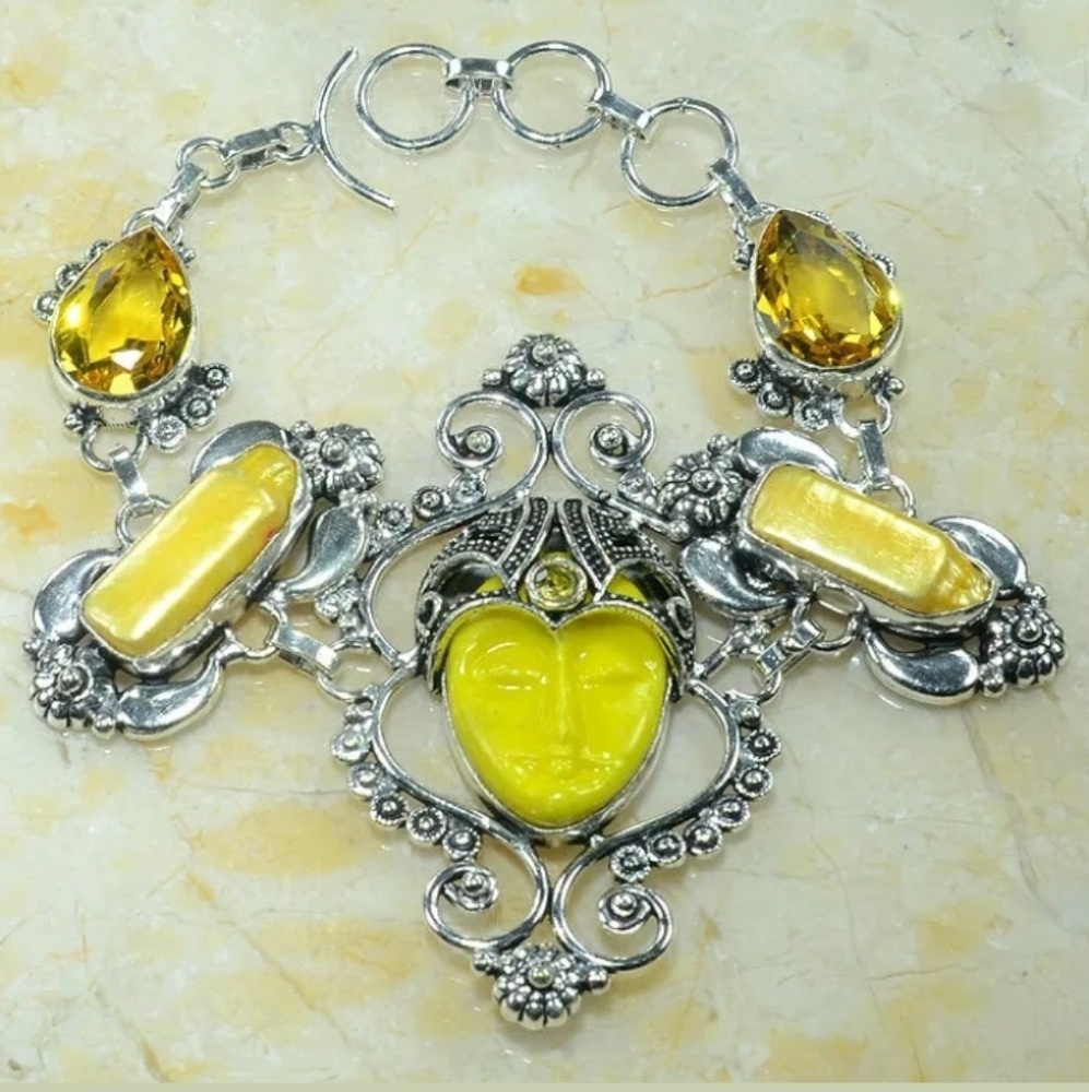 **Sale** New Goddess Face Citrine & Pearl 925 Silver Bracelet.